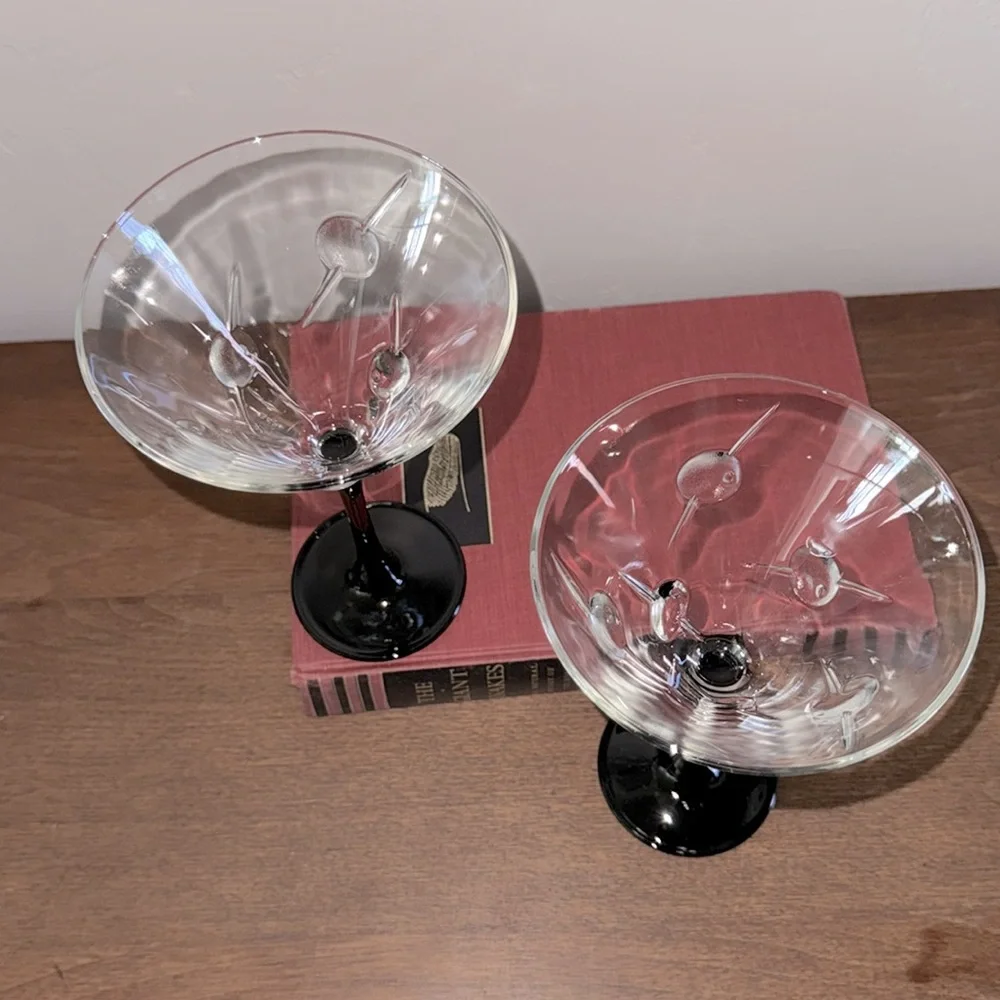 Vintage Barware Retro Raised Olive Martini Glass Set Clear Glass Black Stem
